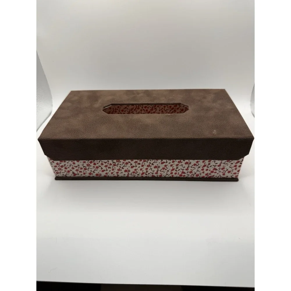 Decorative Magnetic Top Tissue Box Cover Brown‎ Flocked Floral Lined